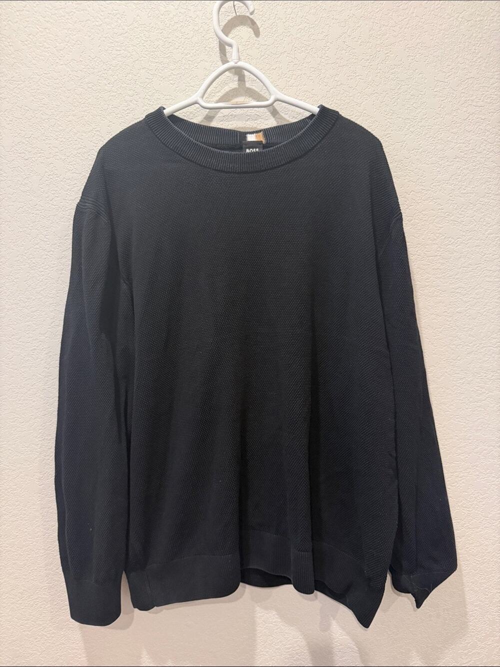 Boss Black Crewneck Sweater with White and Tan Neck Stripe